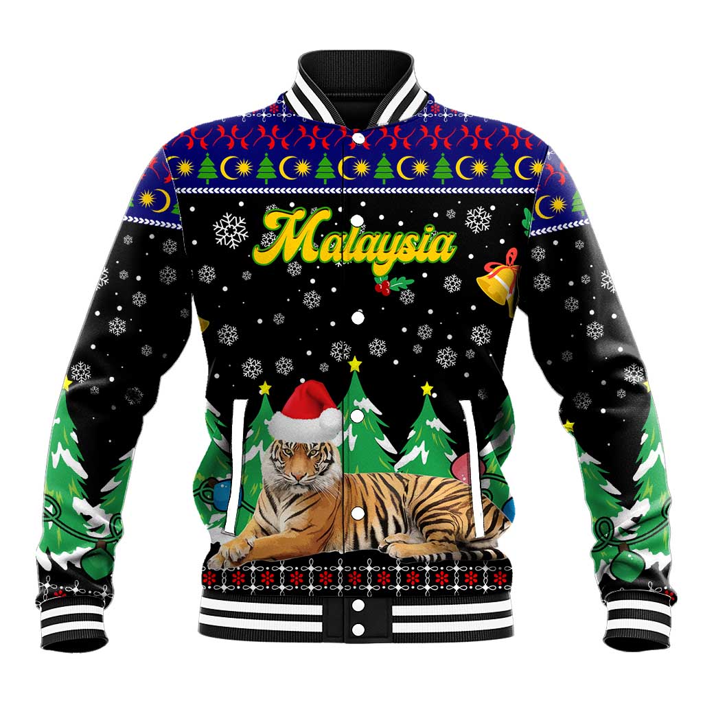 Malaysia Christmas Baseball Jacket with Tiger Santa Hat Snowflakes and Holiday Tree Pattern - Wonder Print Shop