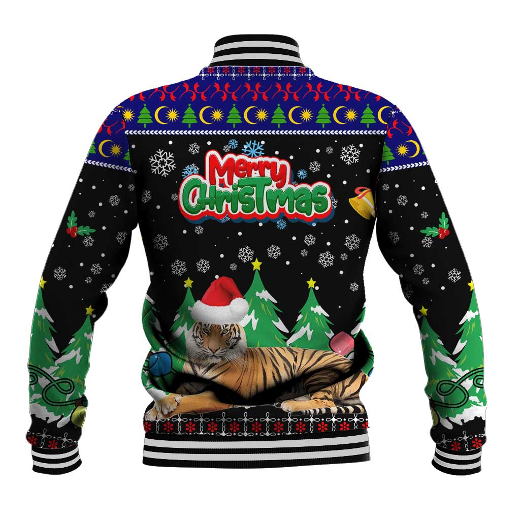 Malaysia Christmas Baseball Jacket with Tiger Santa Hat Snowflakes and Holiday Tree Pattern - Wonder Print Shop