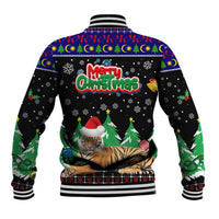 Malaysia Christmas Baseball Jacket with Tiger Santa Hat Snowflakes and Holiday Tree Pattern - Wonder Print Shop