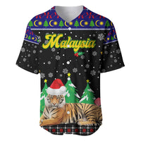 Malaysia Christmas Baseball Jersey with Tiger Santa Hat Snowflakes and Holiday Tree Pattern - Wonder Print Shop