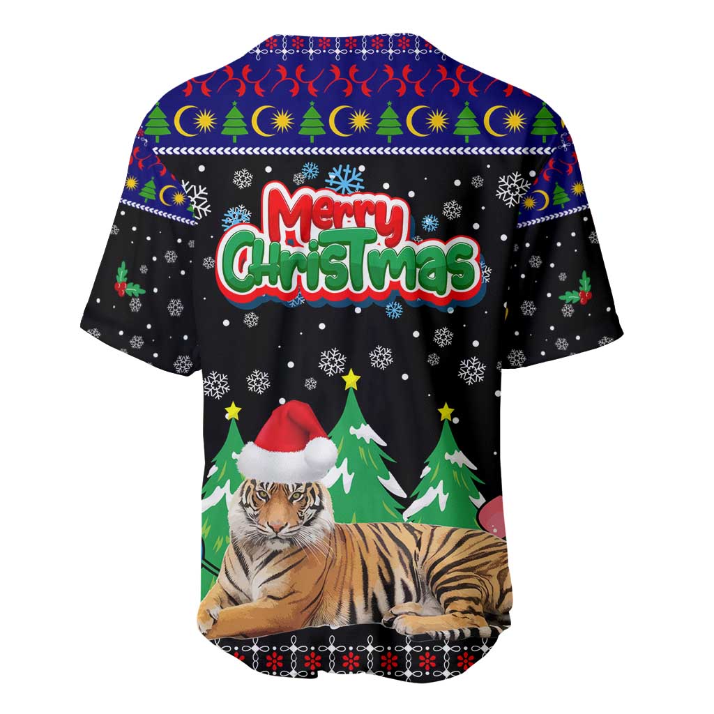 Malaysia Christmas Baseball Jersey with Tiger Santa Hat Snowflakes and Holiday Tree Pattern - Wonder Print Shop
