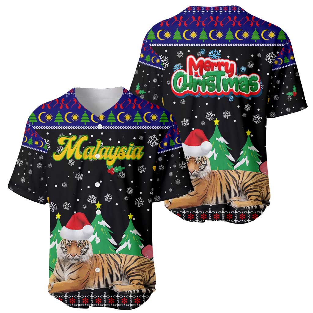 Malaysia Christmas Baseball Jersey with Tiger Santa Hat Snowflakes and Holiday Tree Pattern - Wonder Print Shop