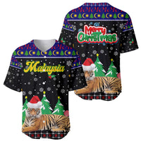 Malaysia Christmas Baseball Jersey with Tiger Santa Hat Snowflakes and Holiday Tree Pattern - Wonder Print Shop