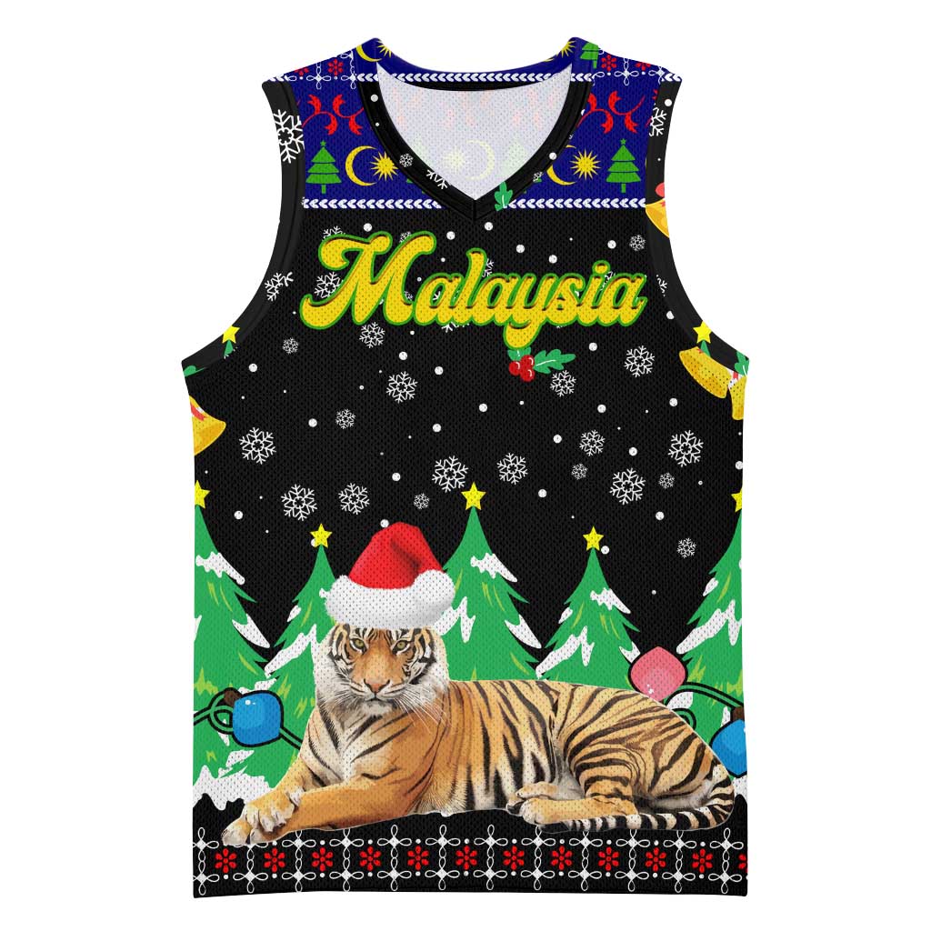 Malaysia Christmas Basketball Jersey with Tiger Santa Hat Snowflakes and Holiday Tree Pattern - Wonder Print Shop