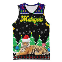 Malaysia Christmas Basketball Jersey with Tiger Santa Hat Snowflakes and Holiday Tree Pattern - Wonder Print Shop