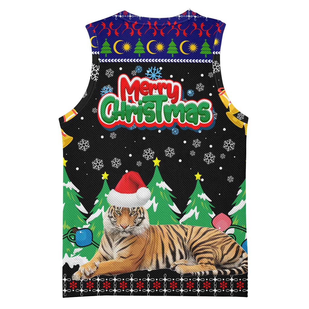 Malaysia Christmas Basketball Jersey with Tiger Santa Hat Snowflakes and Holiday Tree Pattern - Wonder Print Shop