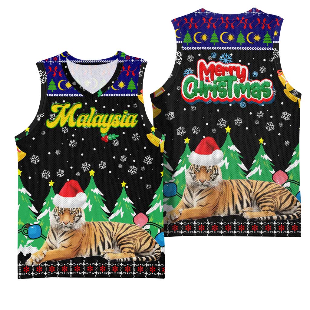 Malaysia Christmas Basketball Jersey with Tiger Santa Hat Snowflakes and Holiday Tree Pattern - Wonder Print Shop