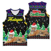 Malaysia Christmas Basketball Jersey with Tiger Santa Hat Snowflakes and Holiday Tree Pattern - Wonder Print Shop
