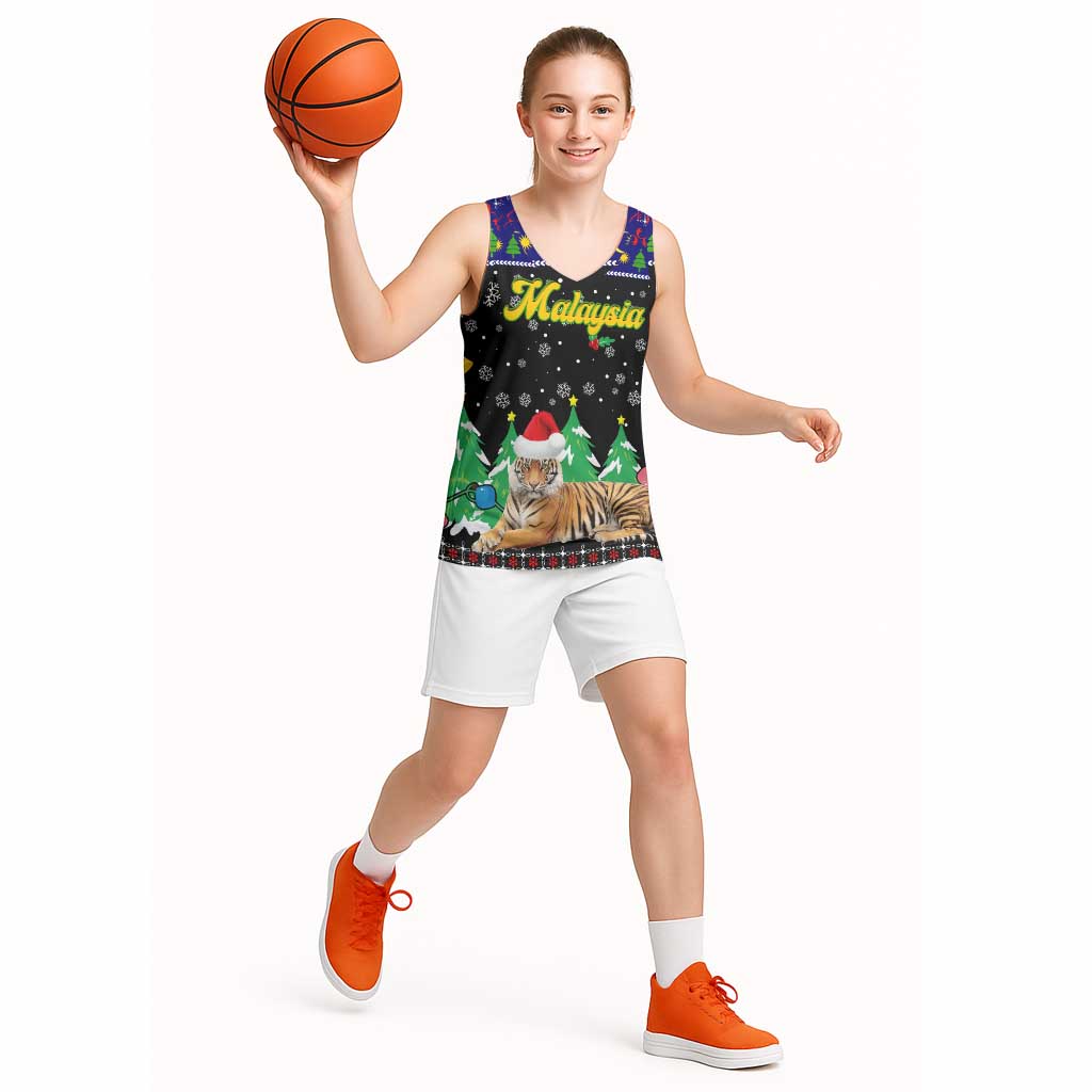 Malaysia Christmas Basketball Jersey with Tiger Santa Hat Snowflakes and Holiday Tree Pattern - Wonder Print Shop