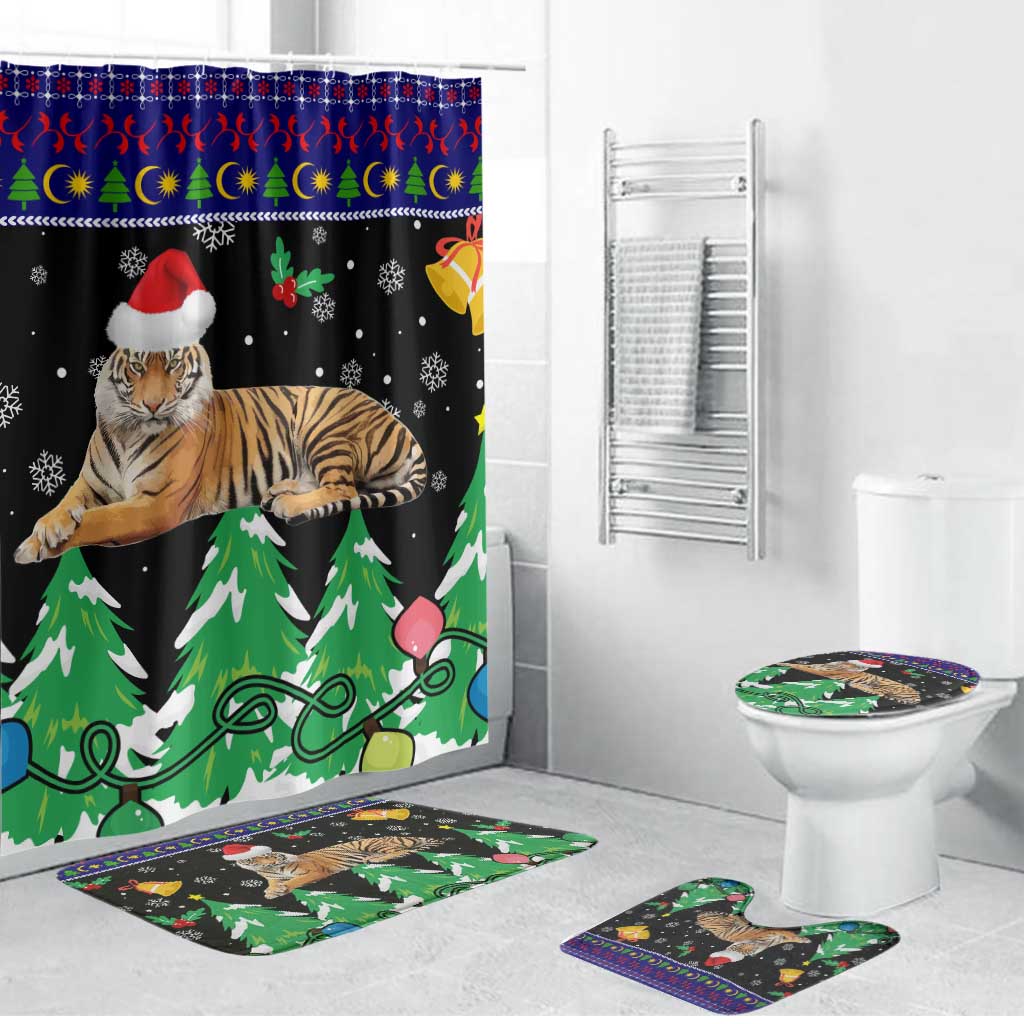 Malaysia Christmas Bathroom Set with Tiger Santa Hat Snowflakes and Holiday Tree Pattern - Wonder Print Shop
