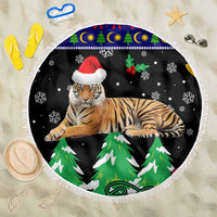 Malaysia Christmas Beach Blanket with Tiger Santa Hat Snowflakes and Holiday Tree Pattern - Wonder Print Shop