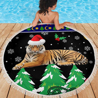 Malaysia Christmas Beach Blanket with Tiger Santa Hat Snowflakes and Holiday Tree Pattern - Wonder Print Shop