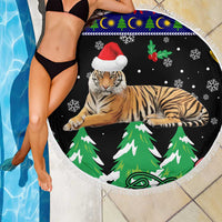 Malaysia Christmas Beach Blanket with Tiger Santa Hat Snowflakes and Holiday Tree Pattern - Wonder Print Shop