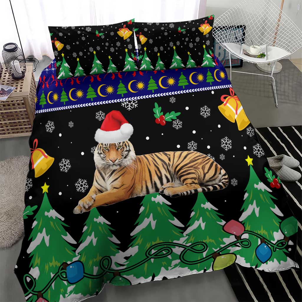 Malaysia Christmas Bedding Set with Tiger Santa Hat Snowflakes and Holiday Tree Pattern - Wonder Print Shop