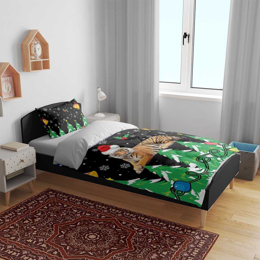Malaysia Christmas Bedding Set with Tiger Santa Hat Snowflakes and Holiday Tree Pattern - Wonder Print Shop