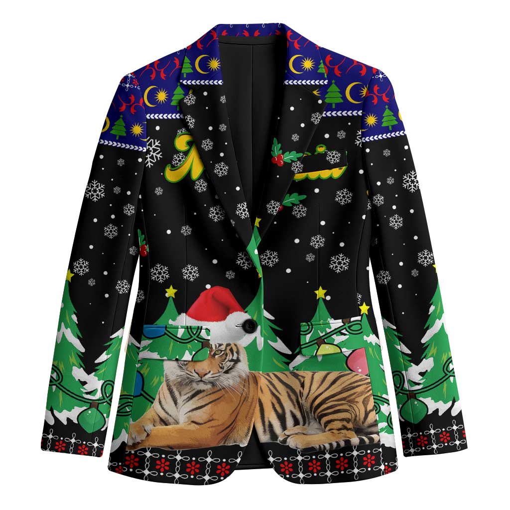 Malaysia Christmas Blazer with Tiger Santa Hat Snowflakes and Holiday Tree Pattern - Wonder Print Shop