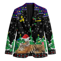 Malaysia Christmas Blazer with Tiger Santa Hat Snowflakes and Holiday Tree Pattern - Wonder Print Shop