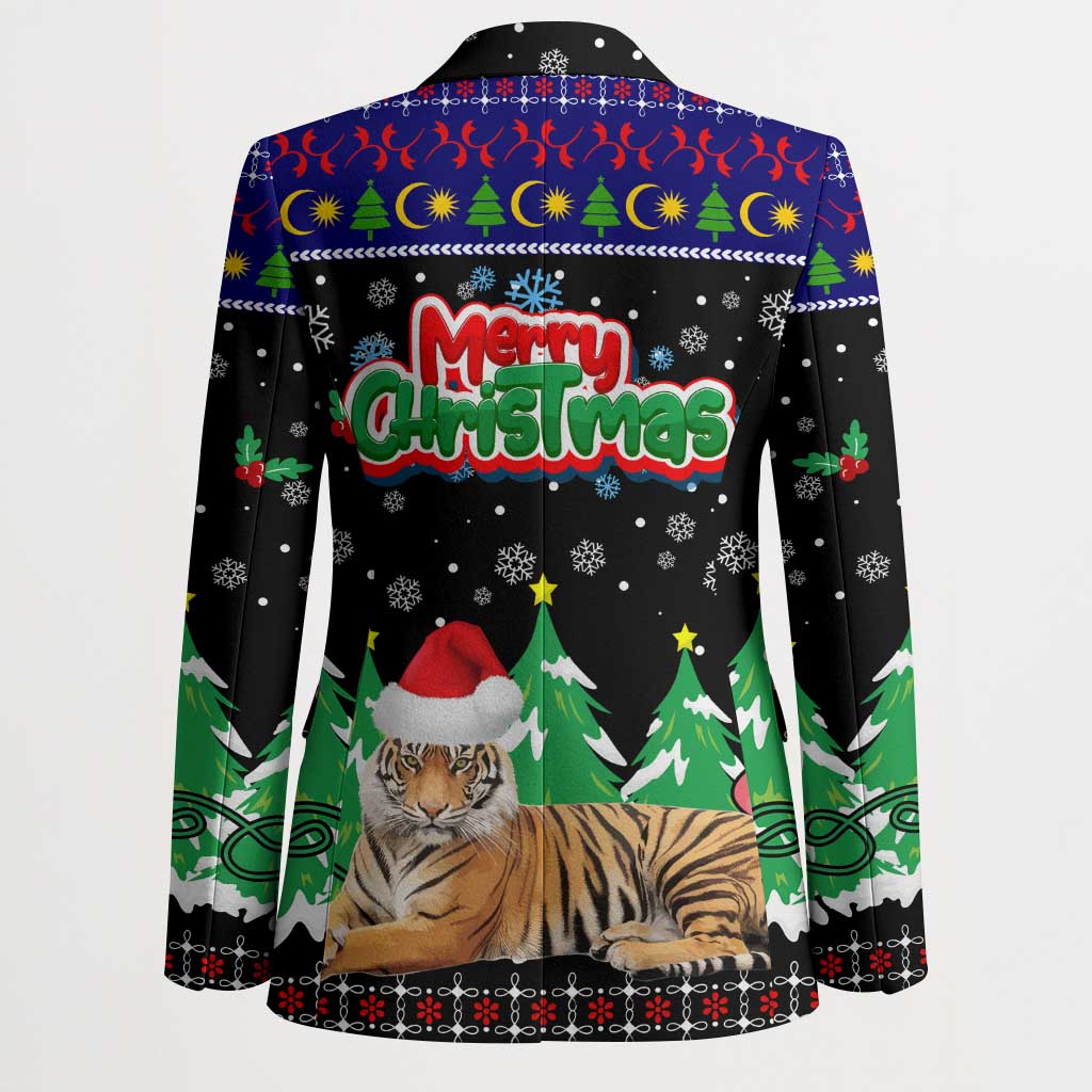 Malaysia Christmas Blazer with Tiger Santa Hat Snowflakes and Holiday Tree Pattern - Wonder Print Shop