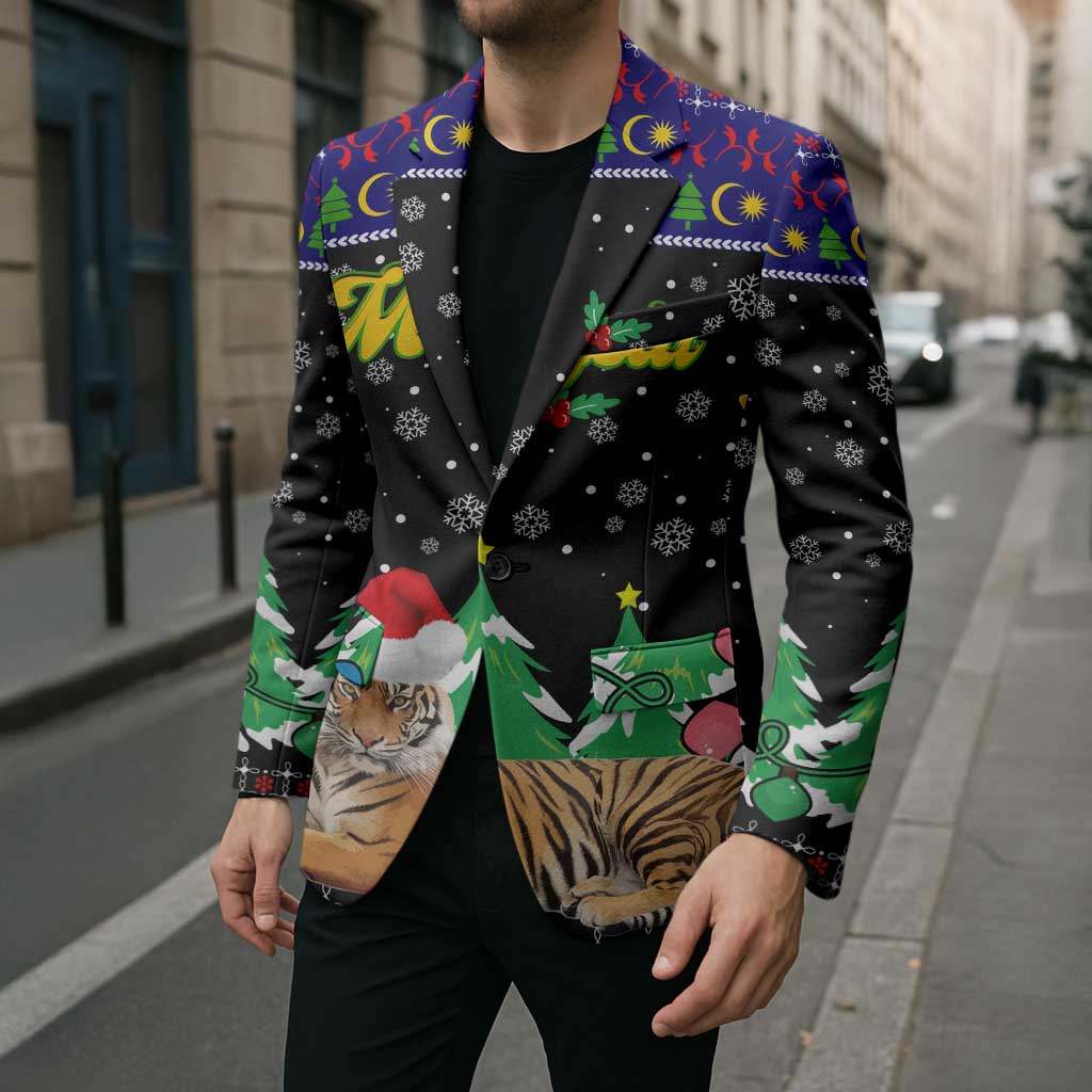 Malaysia Christmas Blazer with Tiger Santa Hat Snowflakes and Holiday Tree Pattern - Wonder Print Shop