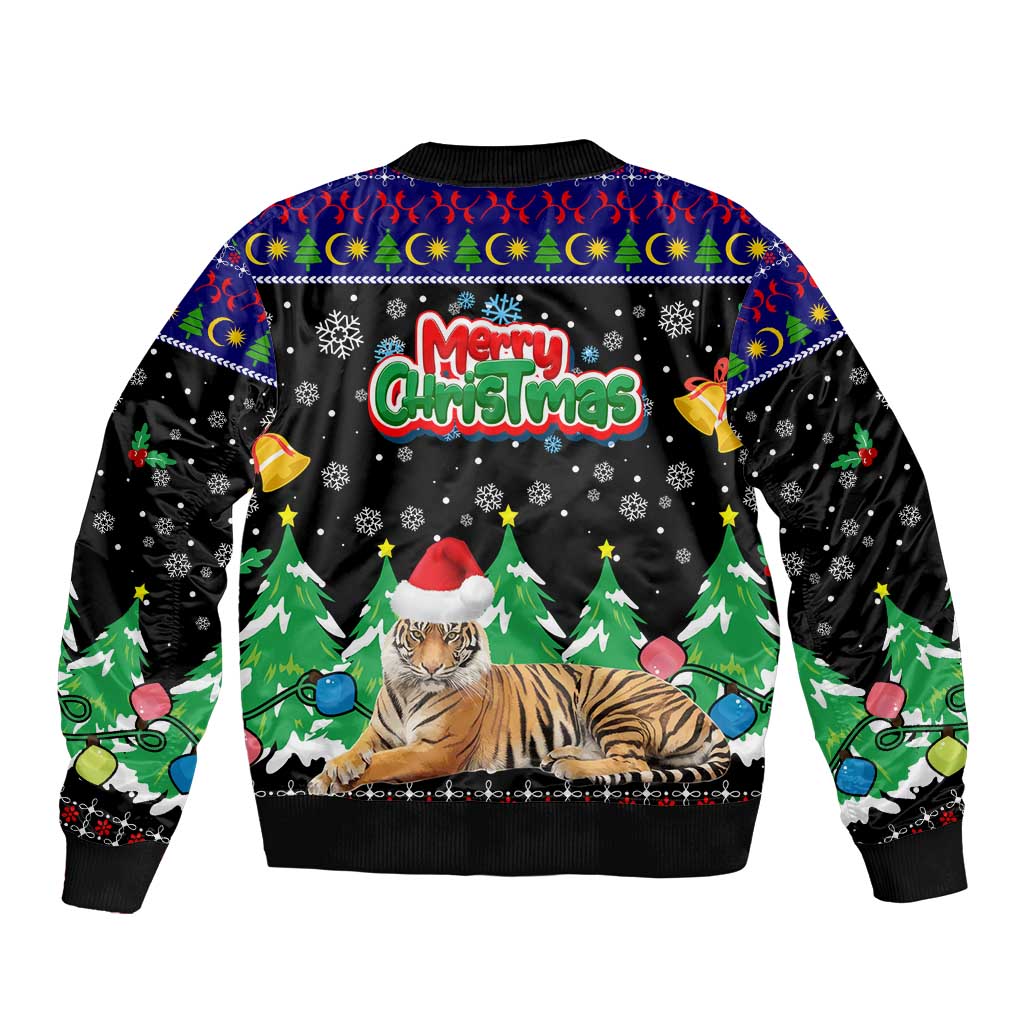 Malaysia Christmas Bomber Jacket with Tiger Santa Hat Snowflakes and Holiday Tree Pattern - Wonder Print Shop