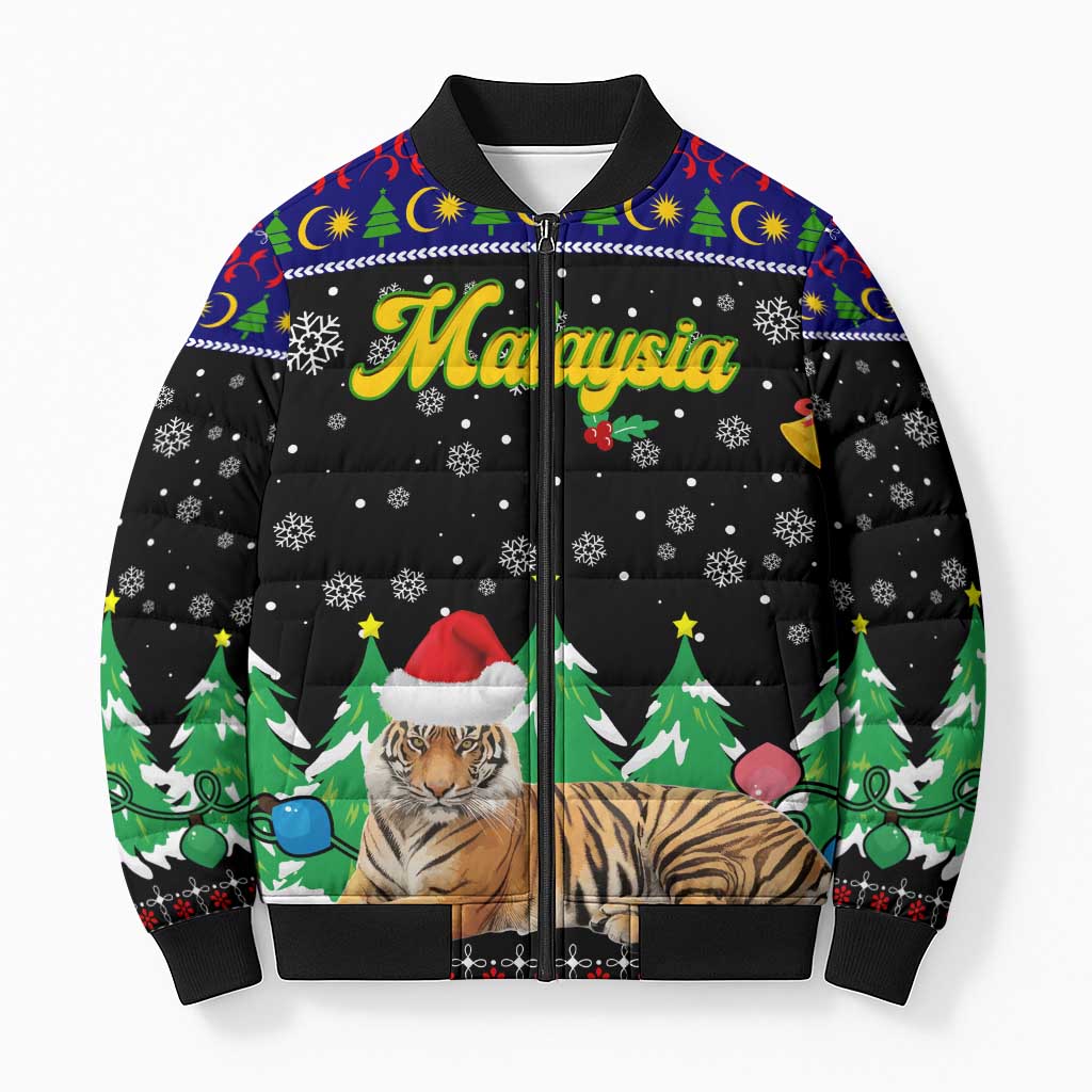 Malaysia Christmas Bomber Puffer Jacket with Tiger Santa Hat Snowflakes and Holiday Tree Pattern - Wonder Print Shop