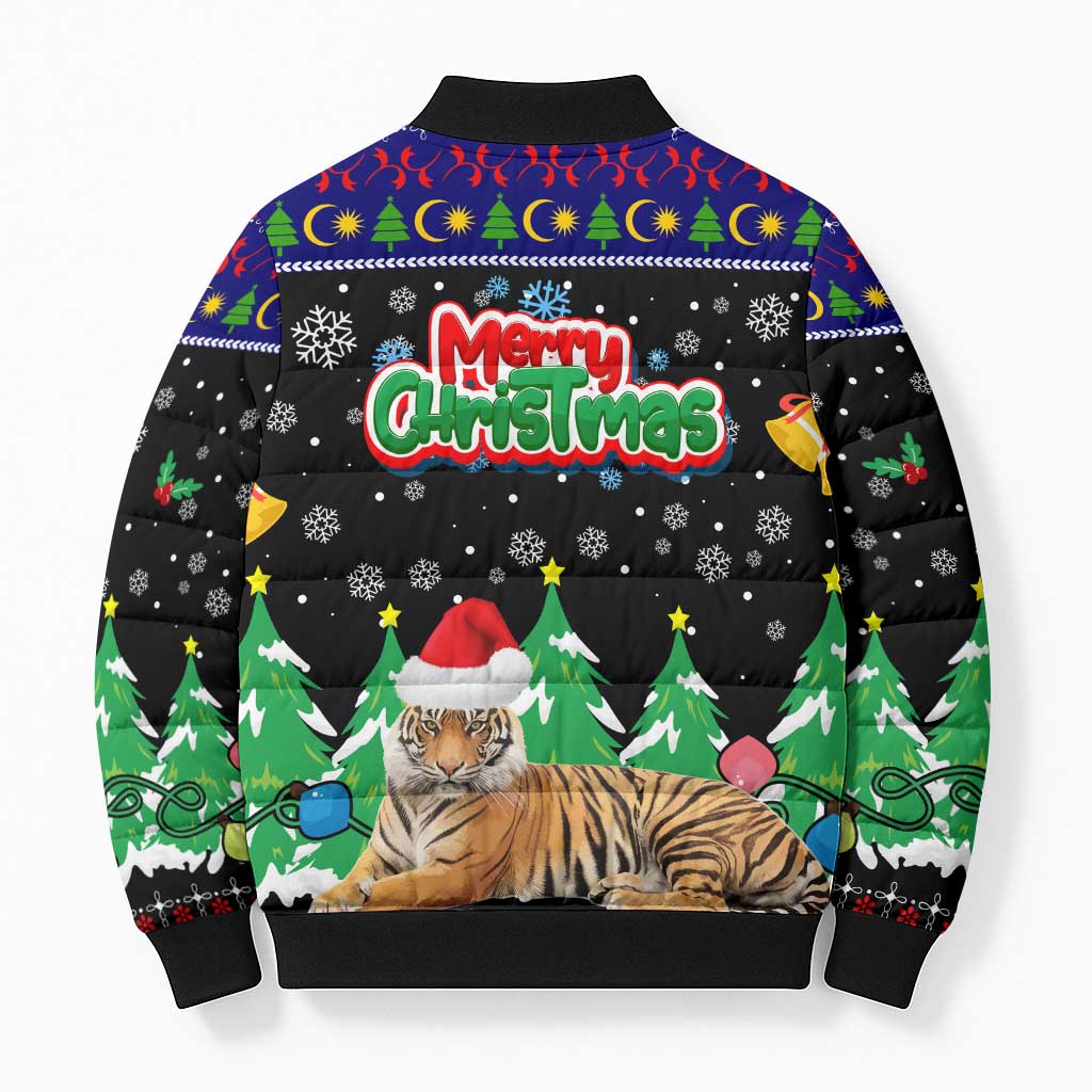 Malaysia Christmas Bomber Puffer Jacket with Tiger Santa Hat Snowflakes and Holiday Tree Pattern - Wonder Print Shop