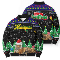 Malaysia Christmas Bomber Puffer Jacket with Tiger Santa Hat Snowflakes and Holiday Tree Pattern - Wonder Print Shop