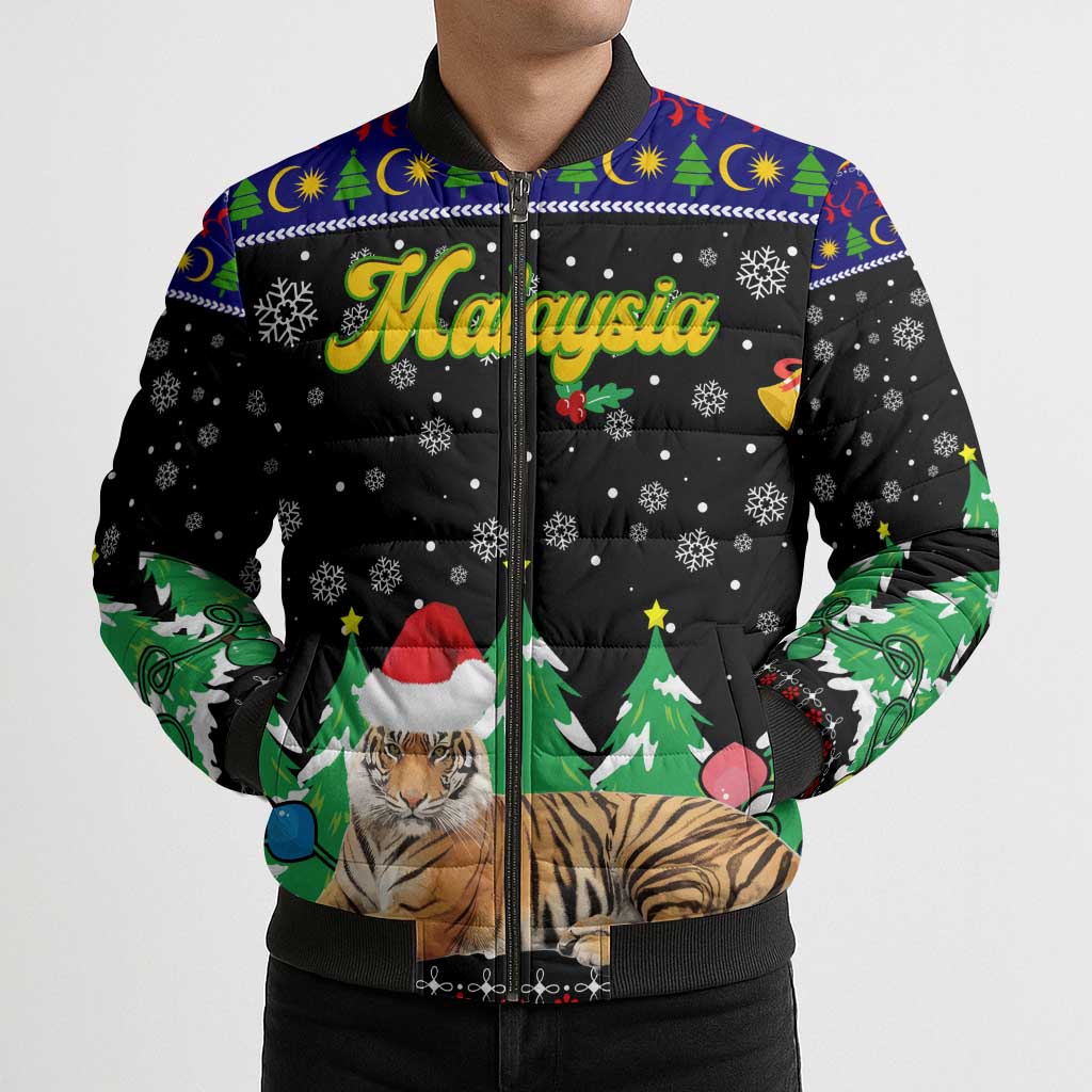 Malaysia Christmas Bomber Puffer Jacket with Tiger Santa Hat Snowflakes and Holiday Tree Pattern - Wonder Print Shop