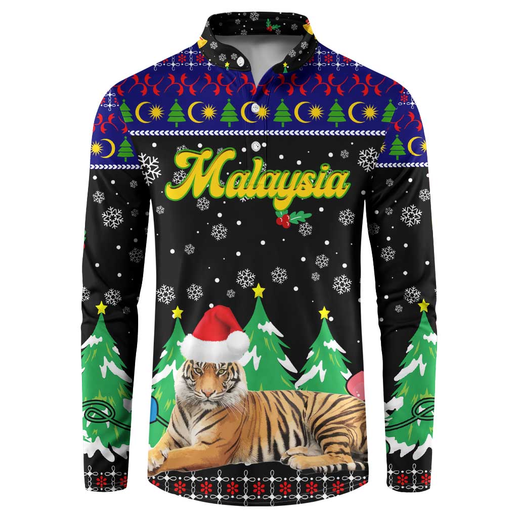 Malaysia Christmas Button Sweatshirt with Tiger Santa Hat Snowflakes and Holiday Tree Pattern - Wonder Print Shop