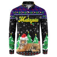 Malaysia Christmas Button Sweatshirt with Tiger Santa Hat Snowflakes and Holiday Tree Pattern - Wonder Print Shop