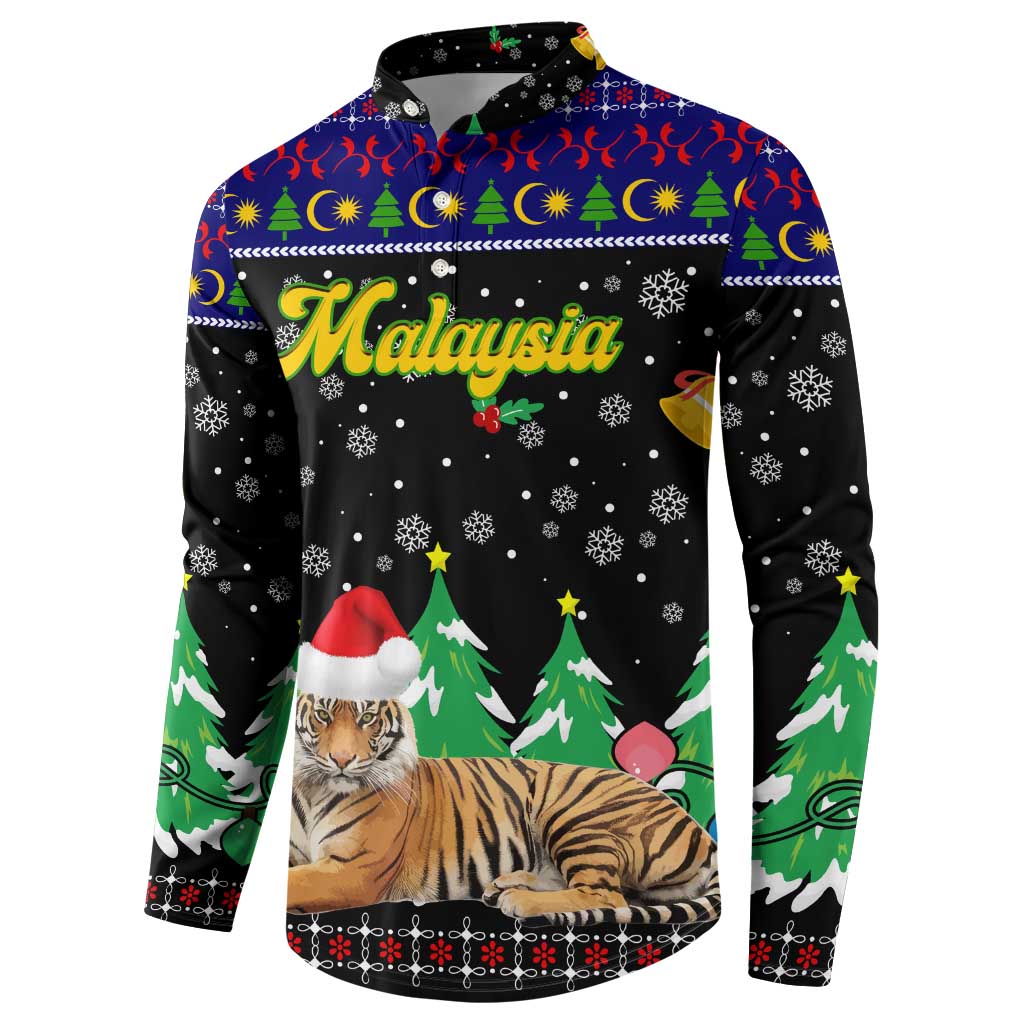 Malaysia Christmas Button Sweatshirt with Tiger Santa Hat Snowflakes and Holiday Tree Pattern - Wonder Print Shop