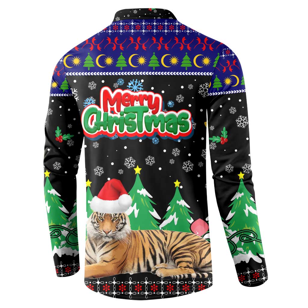 Malaysia Christmas Button Sweatshirt with Tiger Santa Hat Snowflakes and Holiday Tree Pattern - Wonder Print Shop