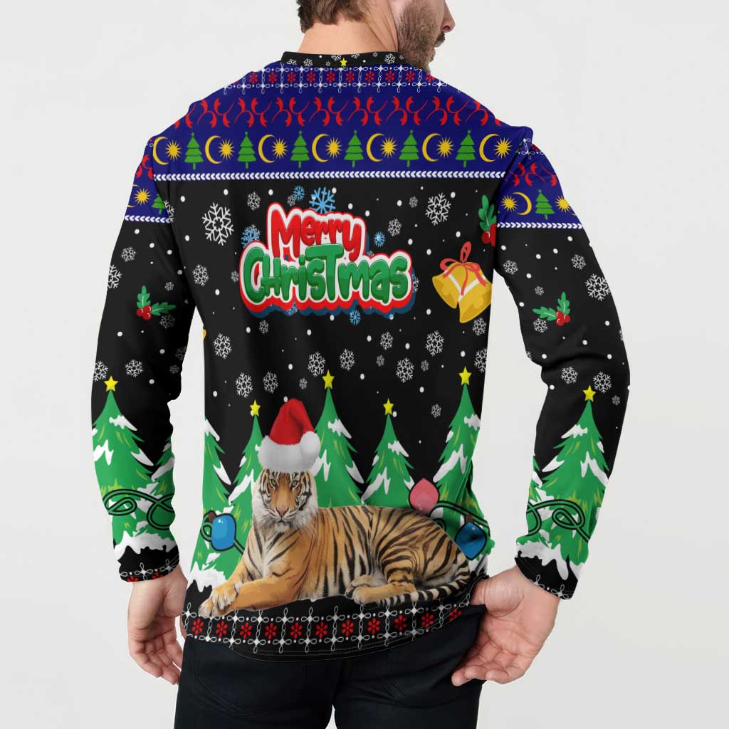Malaysia Christmas Button Sweatshirt with Tiger Santa Hat Snowflakes and Holiday Tree Pattern - Wonder Print Shop