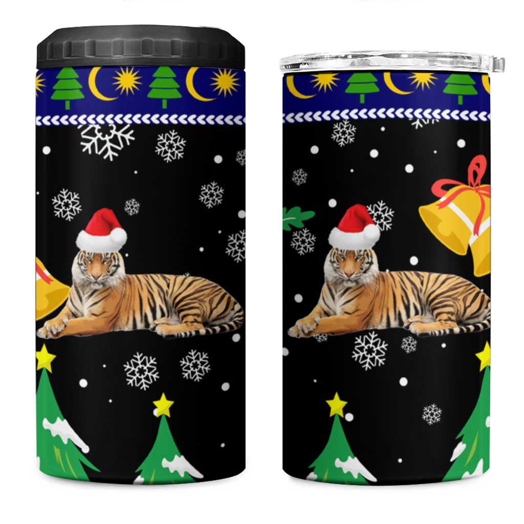 Malaysia Christmas 4 in 1 Can Cooler Tumbler with Tiger Santa Hat Snowflakes and Holiday Tree Pattern - Wonder Print Shop