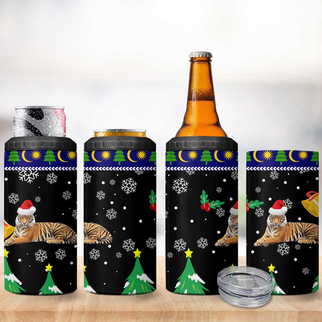 Malaysia Christmas 4 in 1 Can Cooler Tumbler with Tiger Santa Hat Snowflakes and Holiday Tree Pattern - Wonder Print Shop