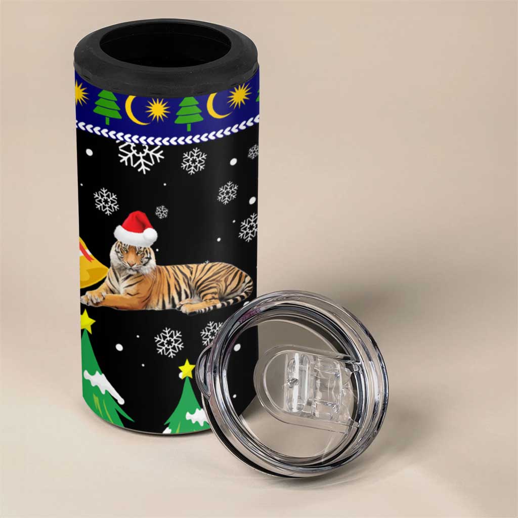 Malaysia Christmas 4 in 1 Can Cooler Tumbler with Tiger Santa Hat Snowflakes and Holiday Tree Pattern - Wonder Print Shop