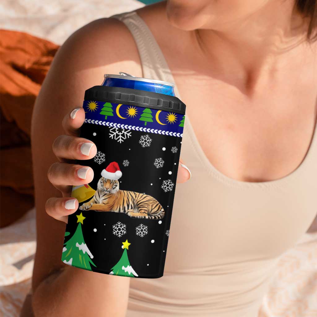 Malaysia Christmas 4 in 1 Can Cooler Tumbler with Tiger Santa Hat Snowflakes and Holiday Tree Pattern - Wonder Print Shop