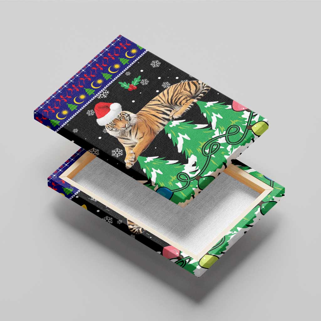 Malaysia Christmas Canvas Wall Art with Tiger Santa Hat Snowflakes and Holiday Tree Pattern - Wonder Print Shop