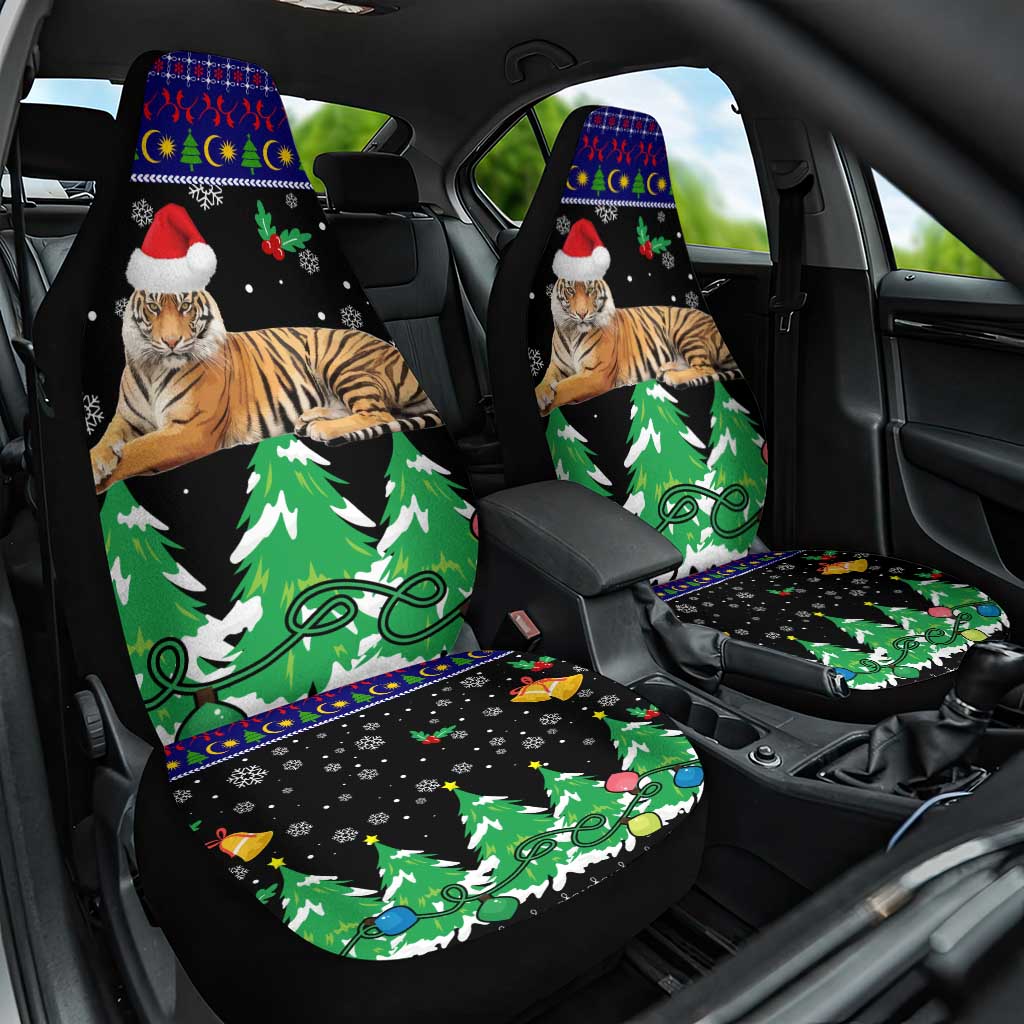 Malaysia Christmas Car Seat Cover with Tiger Santa Hat Snowflakes and Holiday Tree Pattern - Wonder Print Shop