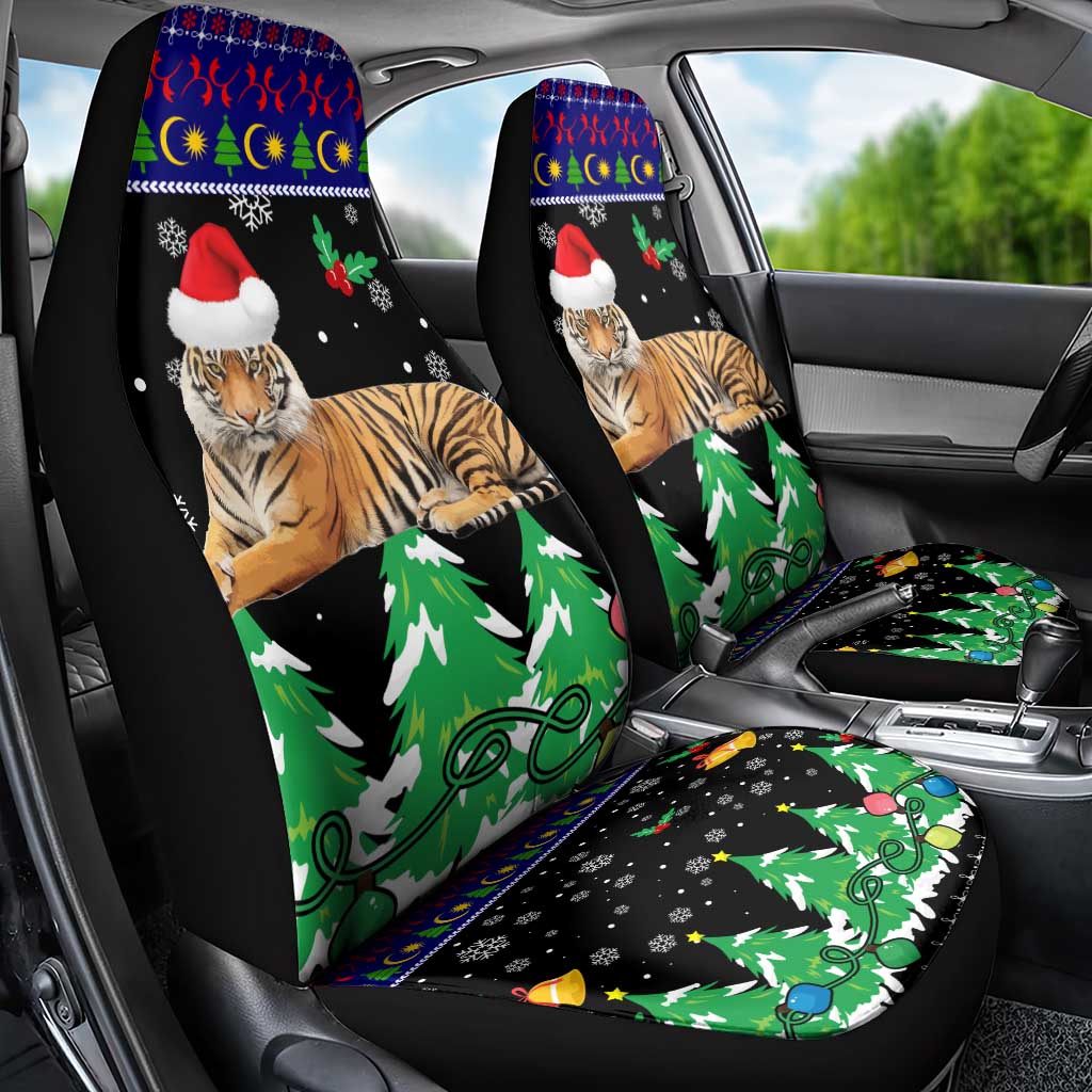 Malaysia Christmas Car Seat Cover with Tiger Santa Hat Snowflakes and Holiday Tree Pattern - Wonder Print Shop