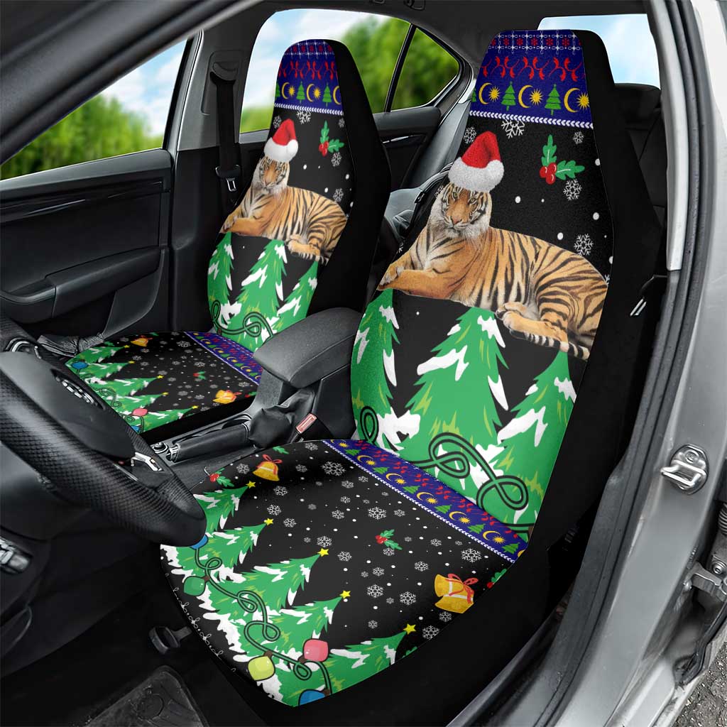 Malaysia Christmas Car Seat Cover with Tiger Santa Hat Snowflakes and Holiday Tree Pattern - Wonder Print Shop