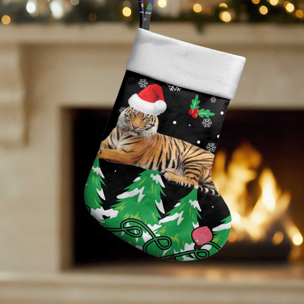 Malaysia Christmas Stocking with Tiger Santa Hat Snowflakes and Holiday Tree Pattern - Wonder Print Shop
