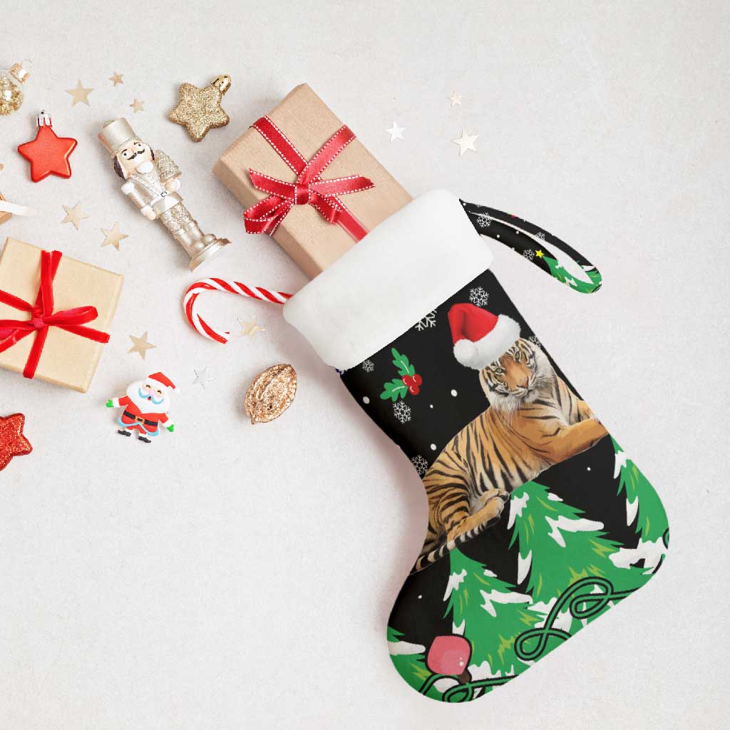 Malaysia Christmas Stocking with Tiger Santa Hat Snowflakes and Holiday Tree Pattern - Wonder Print Shop