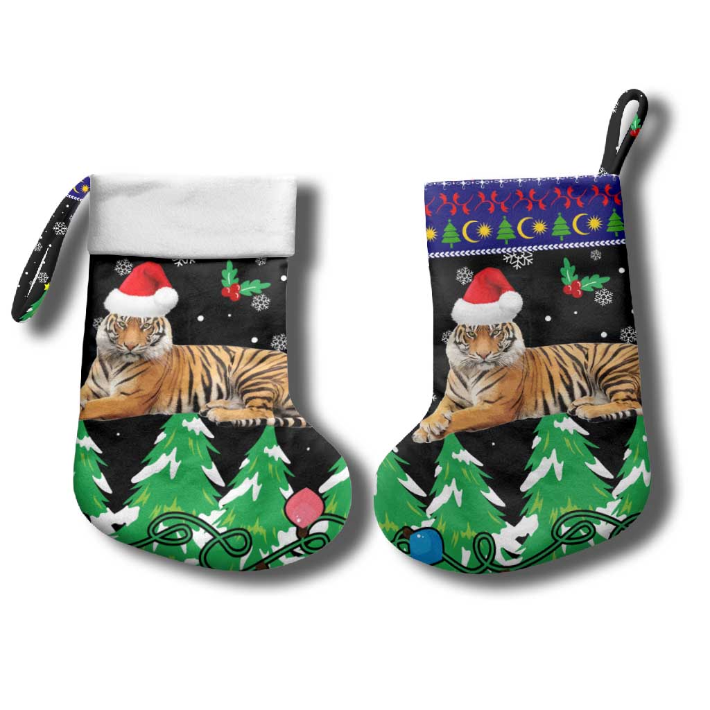 Malaysia Christmas Stocking with Tiger Santa Hat Snowflakes and Holiday Tree Pattern - Wonder Print Shop