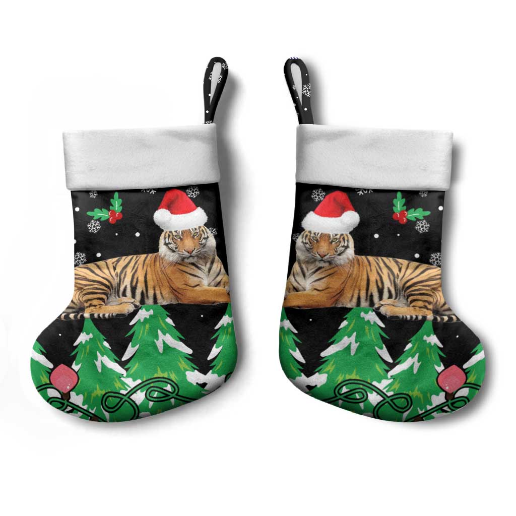 Malaysia Christmas Stocking with Tiger Santa Hat Snowflakes and Holiday Tree Pattern - Wonder Print Shop