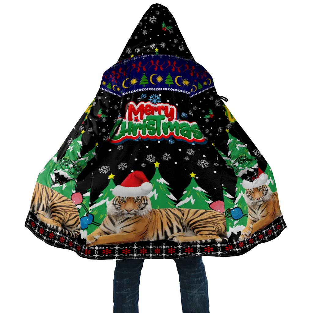 Malaysia Christmas Cloak with Tiger Santa Hat Snowflakes and Holiday Tree Pattern - Wonder Print Shop
