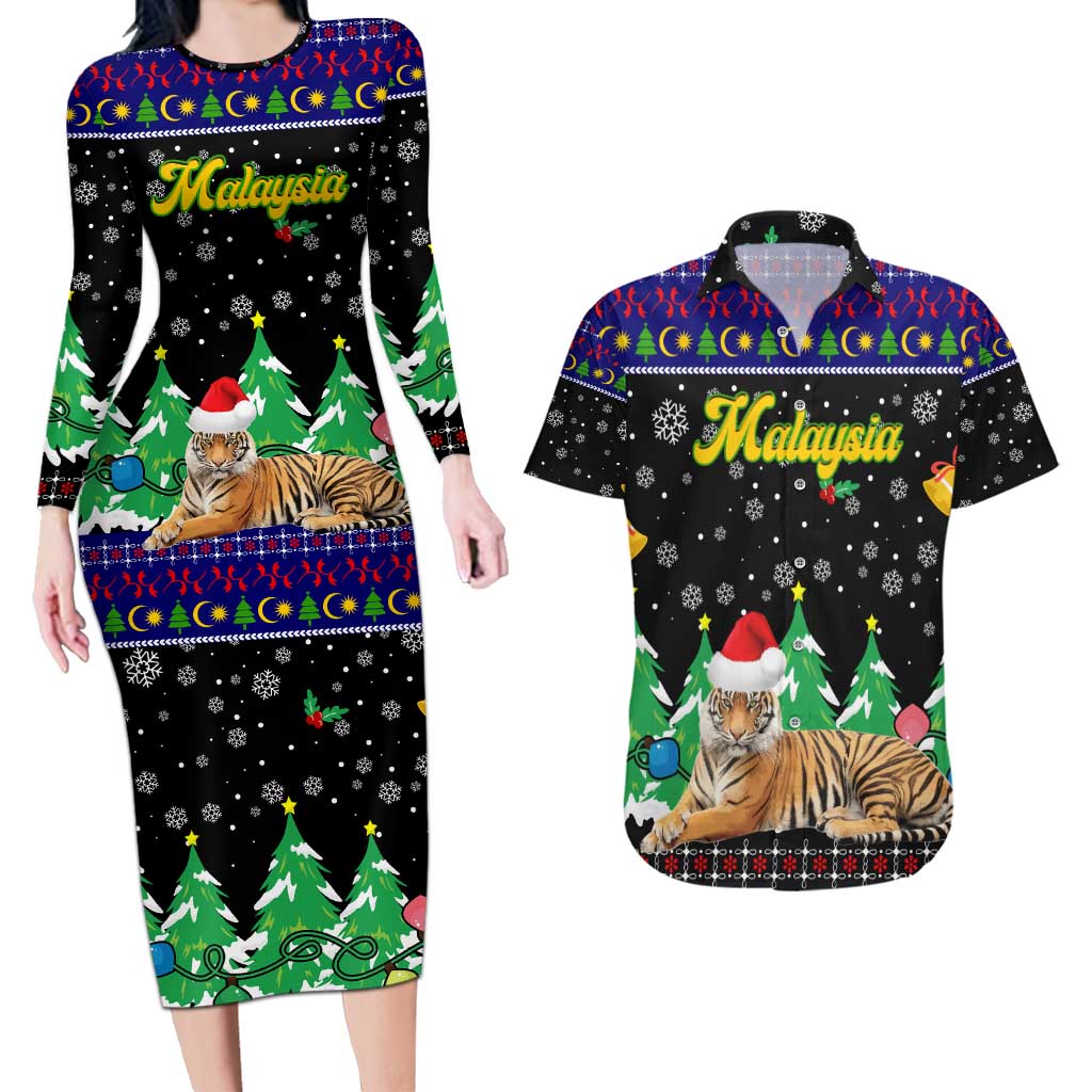 Malaysia Christmas Couples Matching Long Sleeve Bodycon Dress and Hawaiian Shirt with Tiger Santa Hat Snowflakes and Holiday Tree Pattern - Wonder Print Shop