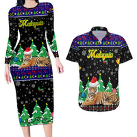 Malaysia Christmas Couples Matching Long Sleeve Bodycon Dress and Hawaiian Shirt with Tiger Santa Hat Snowflakes and Holiday Tree Pattern - Wonder Print Shop
