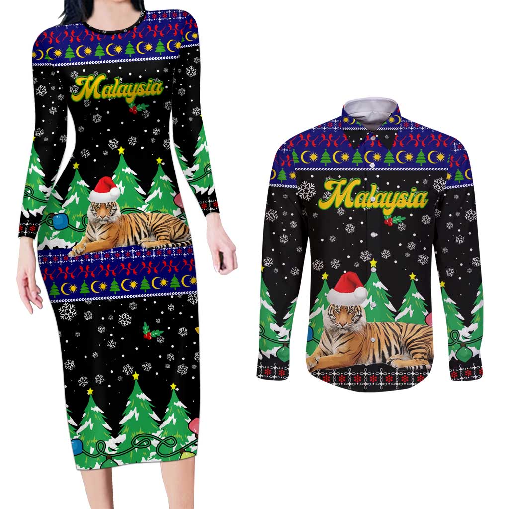Malaysia Christmas Couples Matching Long Sleeve Bodycon Dress and Long Sleeve Button Shirt with Tiger Santa Hat Snowflakes and Holiday Tree Pattern - Wonder Print Shop
