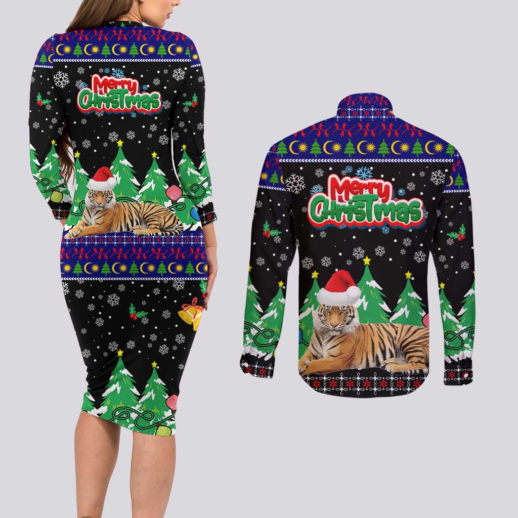 Malaysia Christmas Couples Matching Long Sleeve Bodycon Dress and Long Sleeve Button Shirt with Tiger Santa Hat Snowflakes and Holiday Tree Pattern - Wonder Print Shop